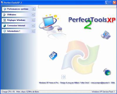 PerfectToolsXP 2 vous permettra d'obtenir le maximum de WindowsXP. Il rassemble 42 modules diff�rents, un tout en un, se divisant en 4 parties. Le logiciel vous permet de toucher � votre mat�riel